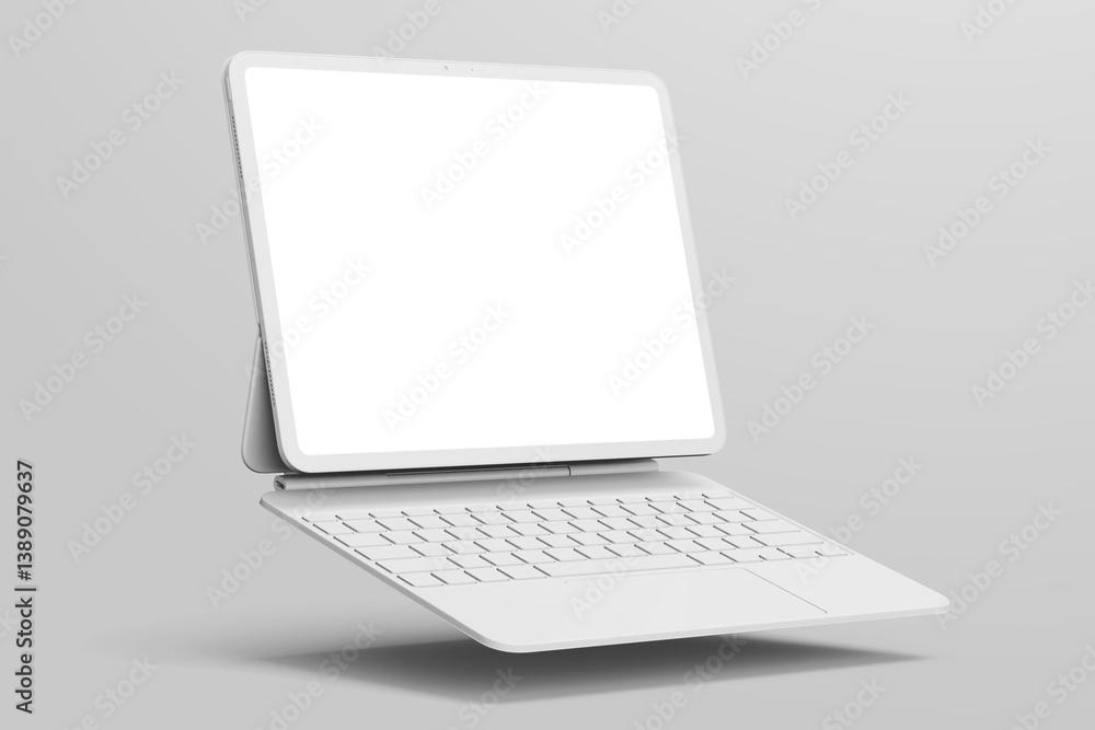 Poster white clay tablet pad 13 inch with responsive blank display and floating keyboard 3d render illustra