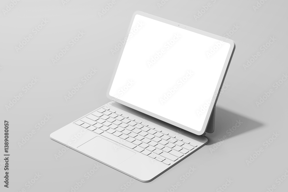 Poster clay minimalist tablet 13 inch with empty screen and white keyboard on soft shadow 3d render illustr