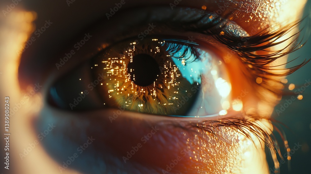 Poster a close up of an eye with digital patterns reflecting in the iris and long eyelashes visible