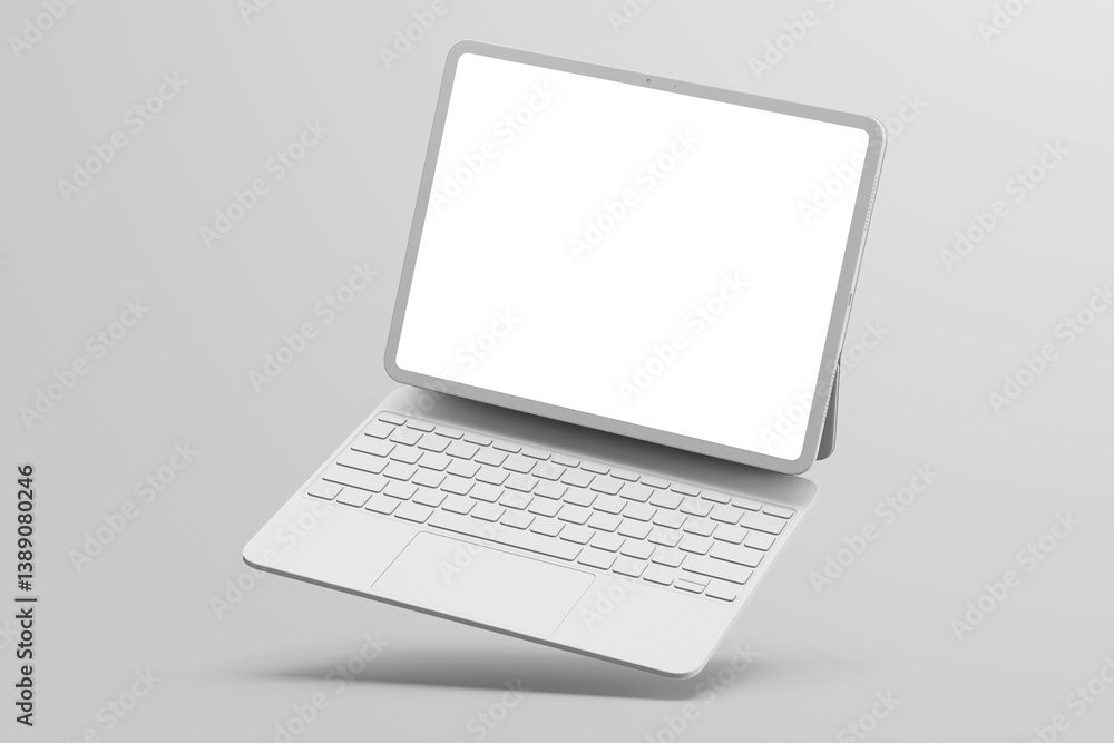 Poster clay tablet pro 13 inch with blank display and magnetic keyboard hovering in modern presentation 3d 