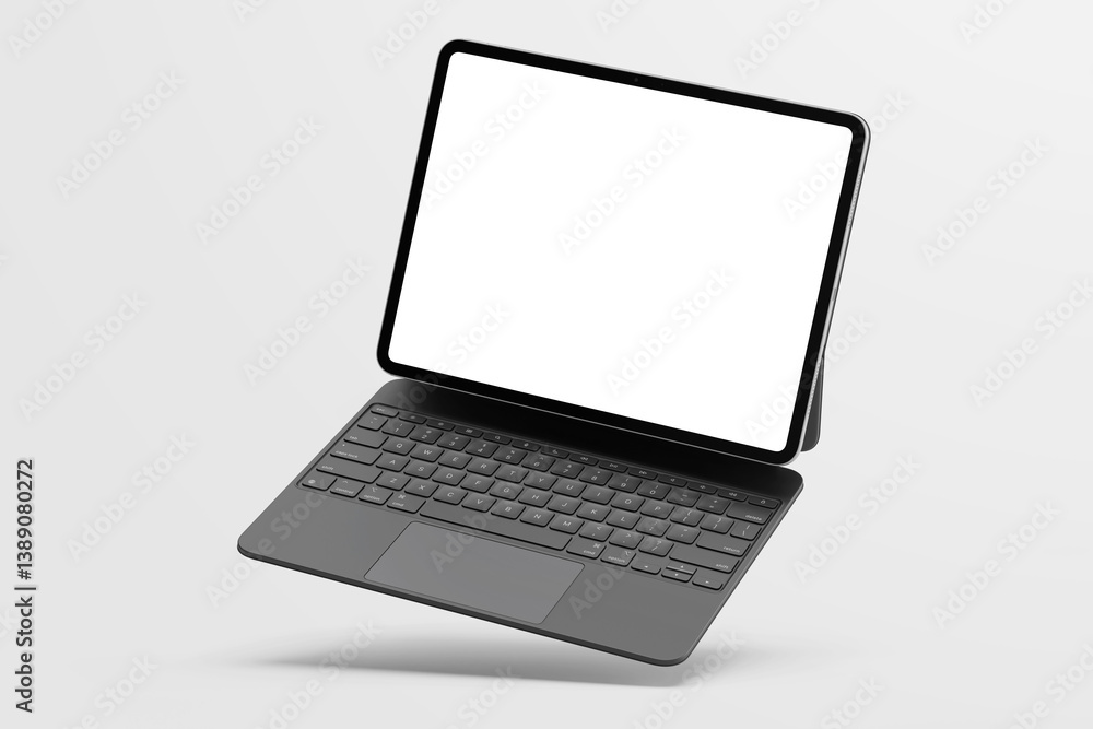 Poster black tablet pro 13 inch with blank screen and shadow floating above surface with responsive keyboar