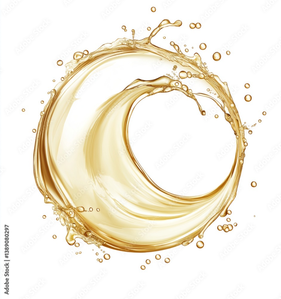 Poster golden wave of liquid is captured in mid-motion, with splashes and bubbles erupting from its curve, 