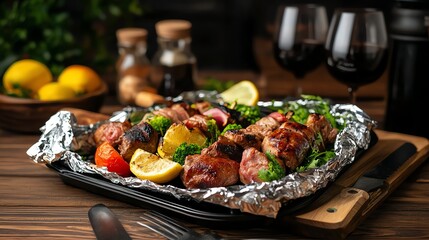 mixed meat kebab platter, wrapped in foil on the go, street food style shot