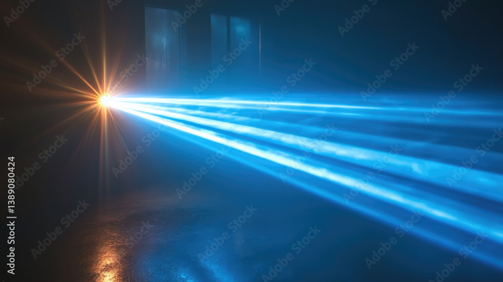Poster stunning display of blue laser beams cutting through dark space, creating dramatic and captivating a