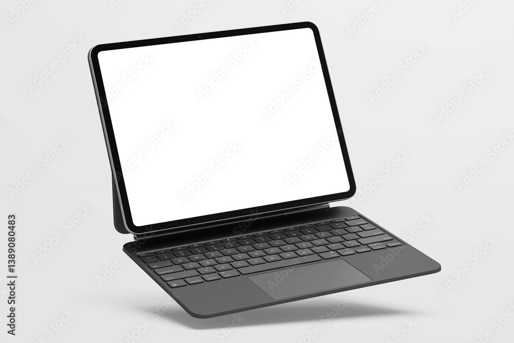 Poster dark tablet device 13 inch with empty display and folio keyboard on clean background 3d render illus