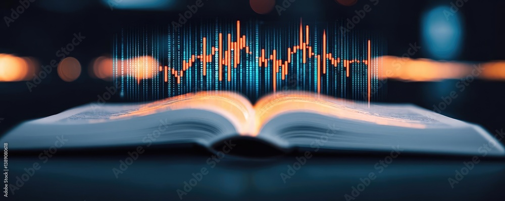 Poster open book showing historical stock market with digital lights concept. an open book with soundwave v