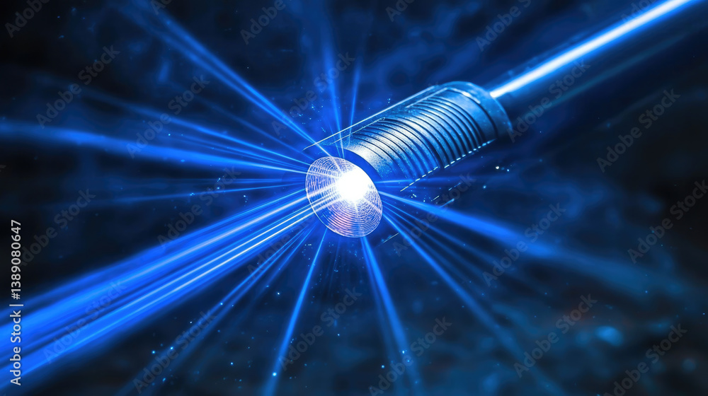 Poster powerful blue laser beam emits from sleek device, creating stunning visual effect against dark background. vibrant light showcases advanced technology and innovation