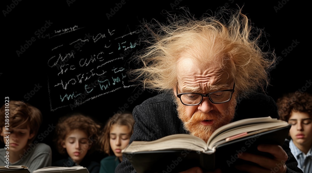 Poster educator reads animatedly to a group of captivated students in a classroom. childrens expressions re