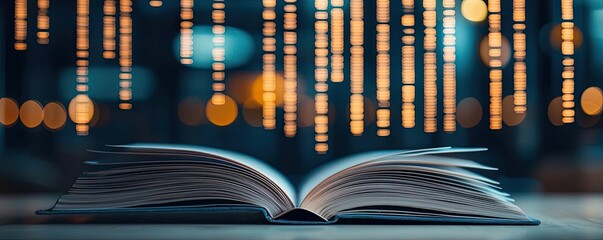 Open book with vertical digital lights chart in financial reveal concept. An open book with glowing lights in the background, evoking imagination.