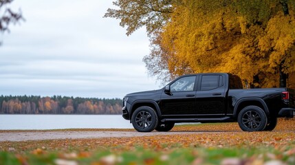 A black pickup truck is parked beside a lake. Autumn leaves surround it. The image is high-quality, with sharp details and natural lighting. Its style is clean and modern. Warm, autumnal colors crea