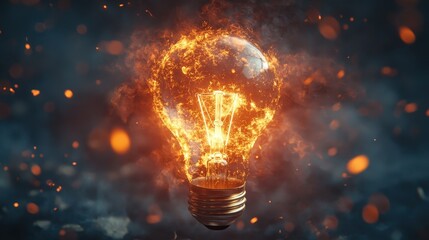 Fiery light bulb explosion with glowing sparks and smoke