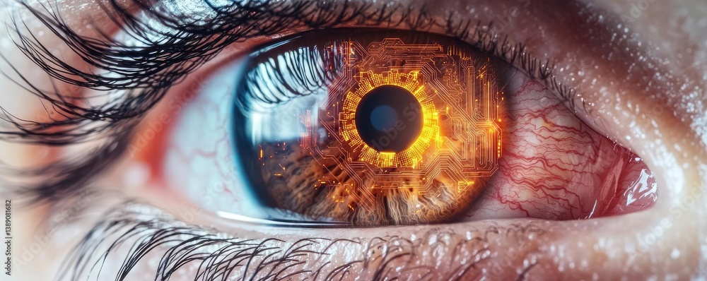 Poster close-up human eye with artificial technology interface concept. close-up of a captivating eye with 