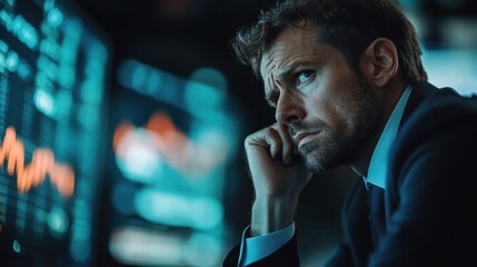 Pensive young caucasian male analyzing financial charts in a dimly lit office