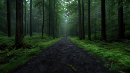 Fototapeta premium Misty forest path. Lush green trees line a dark path, shrouded in a light mist