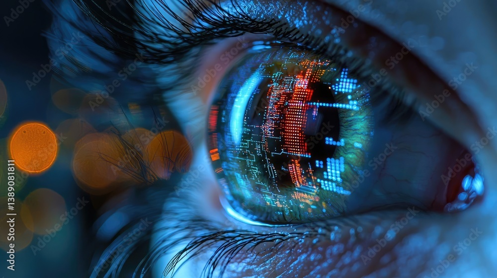 Aufkleber close-up human eye powered by futuristic machine technology concept. a close-up of an eye reflecting