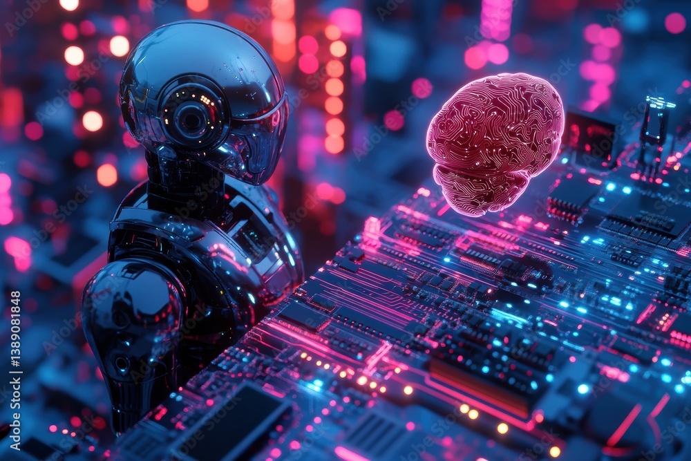 Poster Exploring advanced AI technology with a robot, microchip, and digital brain on interactive holographic platforms