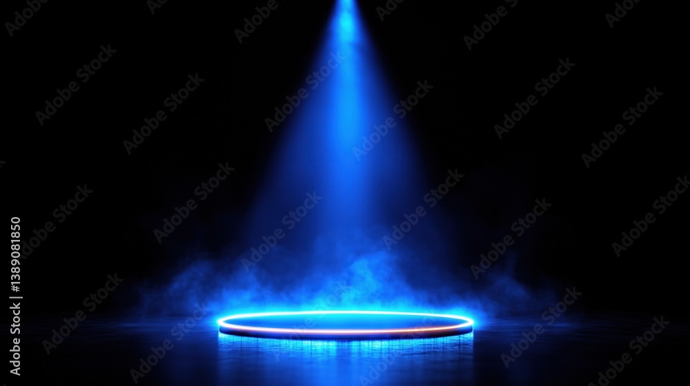 Poster striking blue spotlight beams down onto a circular stage surrounded by mist in a dimly lit space. co