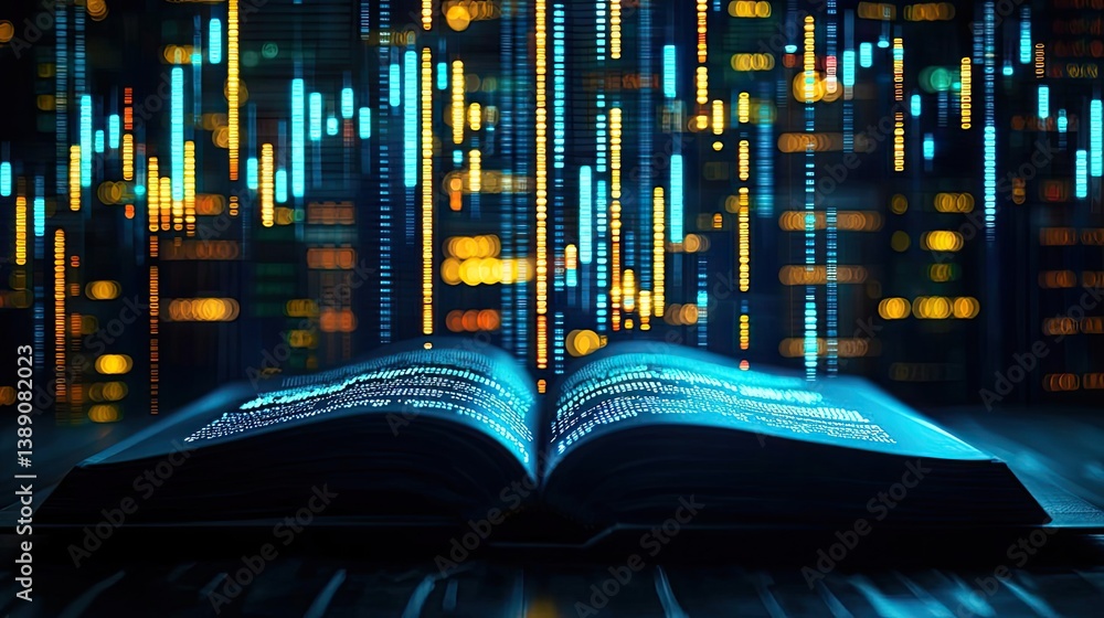 Poster Open book with vertical digital lights chart in financial reveal concept. An open book with digital graphs and data visualizations.