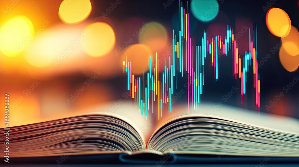 Poster open book showing historical and contemporary stock market concept. an open book with financial grap