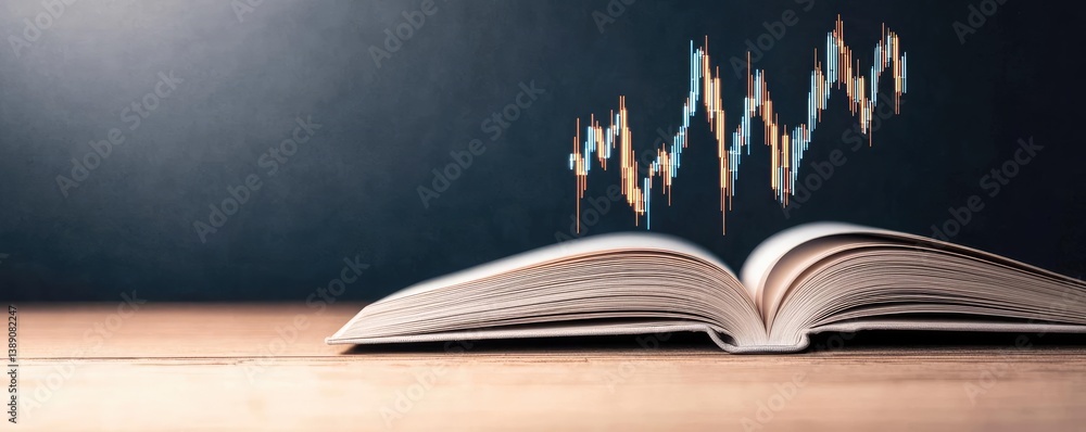 Poster open book with vertical digital lights chart in financial reveal concept. open book with graph illus