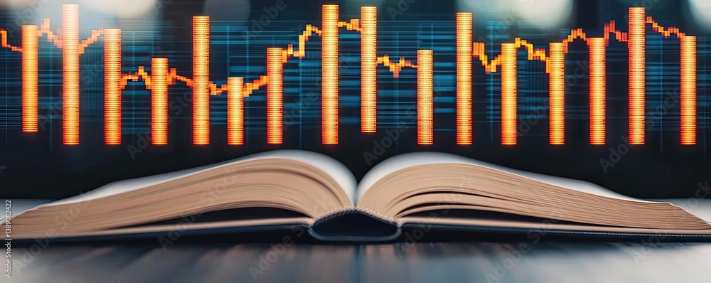 Poster Open book showing historical stock market with digital lights concept. An open book with financial graphs and data displayed.