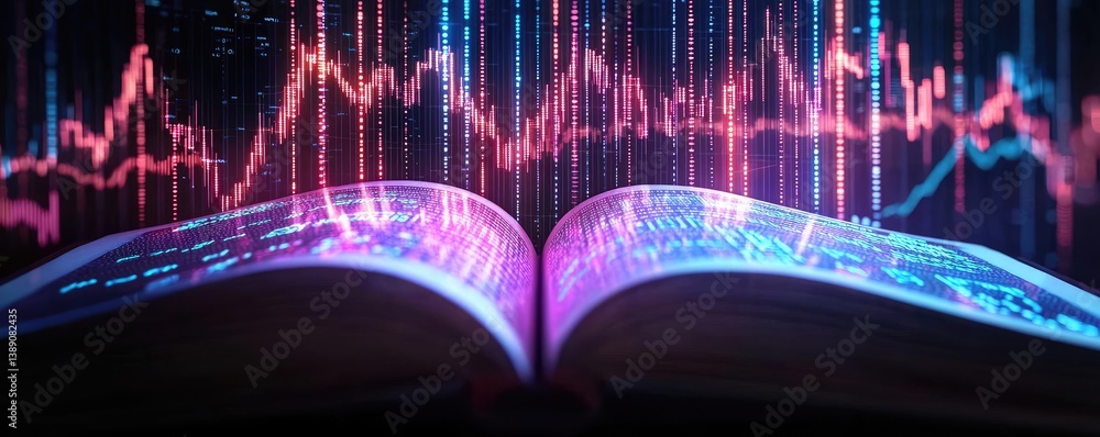 Aufkleber Open book showing historical stock market with digital lights concept. An open book displaying digital data and graph patterns.