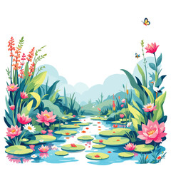 Vsai blooming water lilies and lush vegetation framing serene stream in vibrant landscape