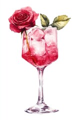 Watercolor painting depicts a refreshing drink garnished with a rose flower