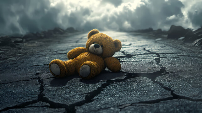 A teddy bear lies abandoned on a cracked road, symbolizing loss and innocence amidst destruction, evoking deep emotions of hope and despair. Echoing Loss. Illustration
