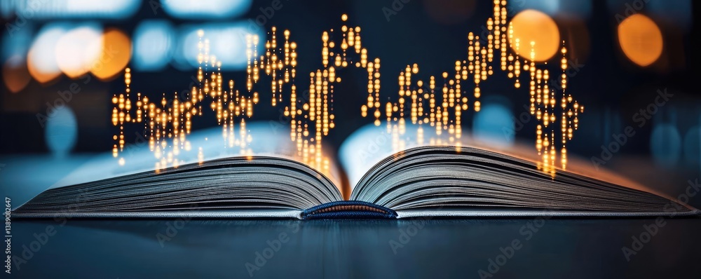 Poster Open book showing historical stock market with digital lights concept. An open book with digital data visualization effects.