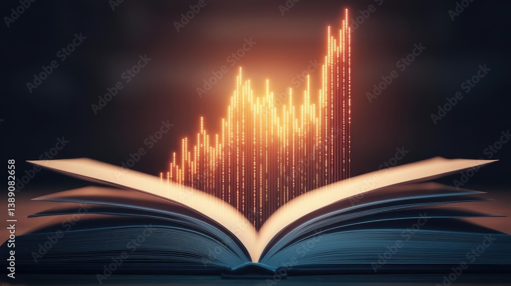 Poster Open book showing historical and contemporary stock market concept. An open book with a glowing data graph emerging from its pages.