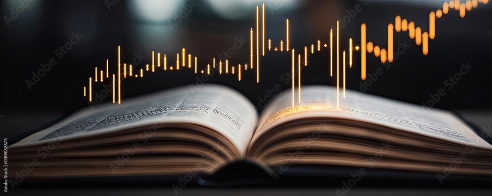 Poster open book showing historical stock market with digital lights concept. an open book with a sound wav