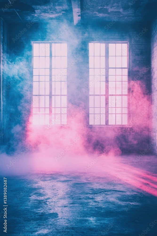 Poster ethereal warehouse interior with fog and light streaming through windows creating a mystical atmosph