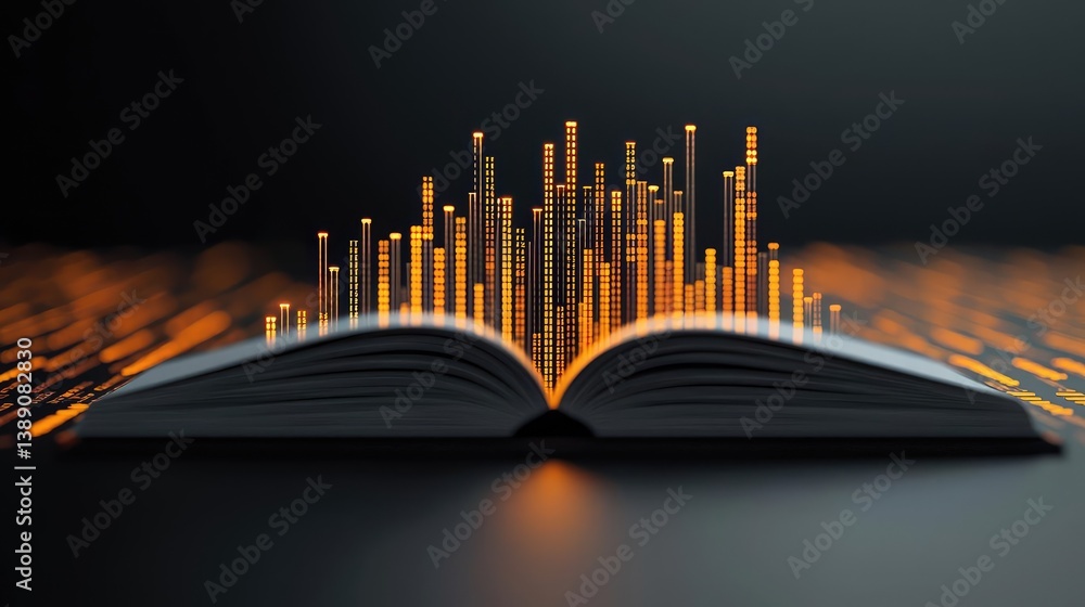 Poster Open book with vertical digital lights chart in financial reveal concept. A vibrant book emitting dynamic data streams in a dark space.