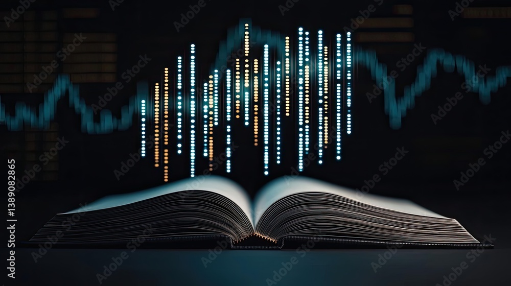 Poster Open book with vertical digital lights chart in financial reveal concept. Open book with digital data visualization above it, symbolizing knowledge.