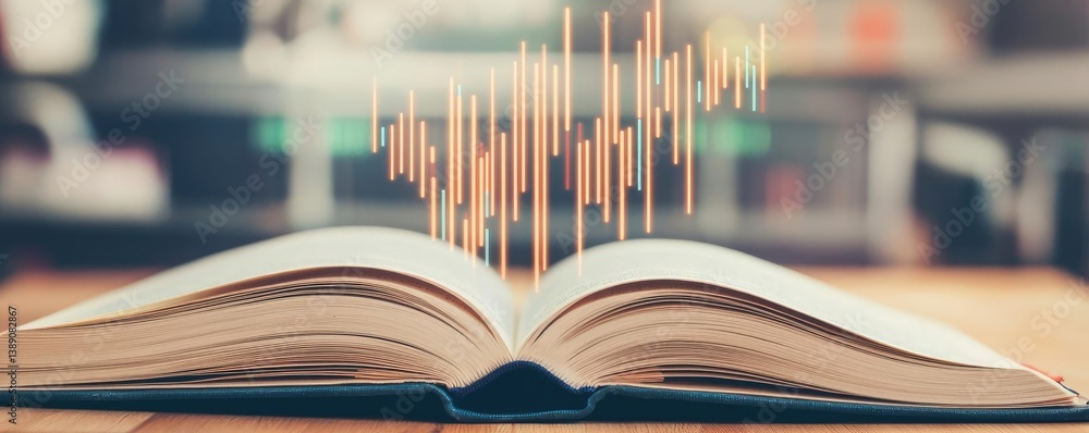 Poster Open book showing historical and contemporary stock market concept. An open book with sound waves representing learning and knowledge.
