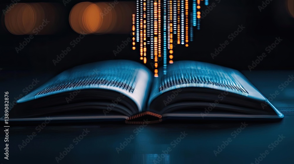 Aufkleber Open book with vertical digital lights chart in financial reveal concept. An open book with digital data flowing above in a dark setting.
