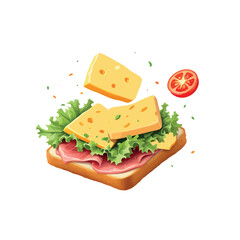 Vsai delicious sandwich with floating ingredients, ham, cheese, lettuce, and tomato