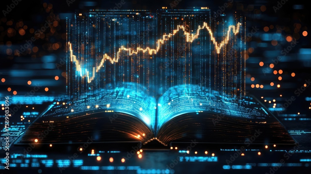 Poster Open book with vertical digital lights chart in financial reveal concept. An illustrative book with a digital finance graph display.