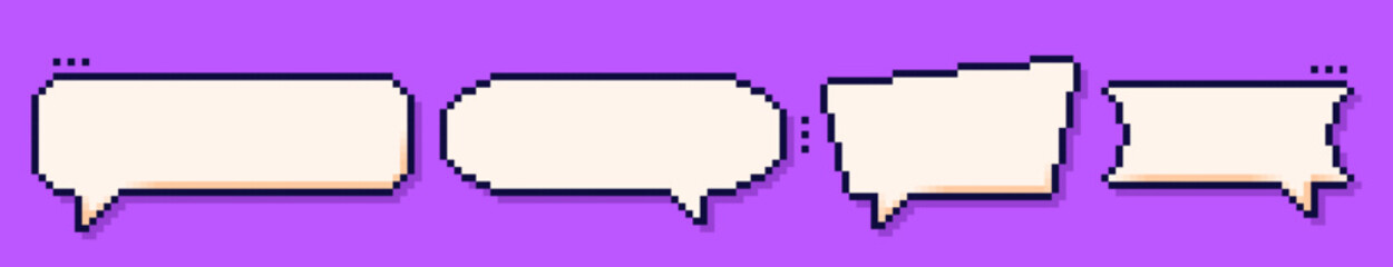 Four pixel speech bubbles drawn in 8 bit style on purple background.