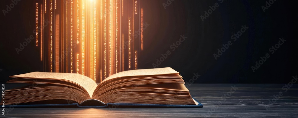 Poster Open book showing historical stock market with digital lights concept. An open book with swirling light symbols representing knowledge.
