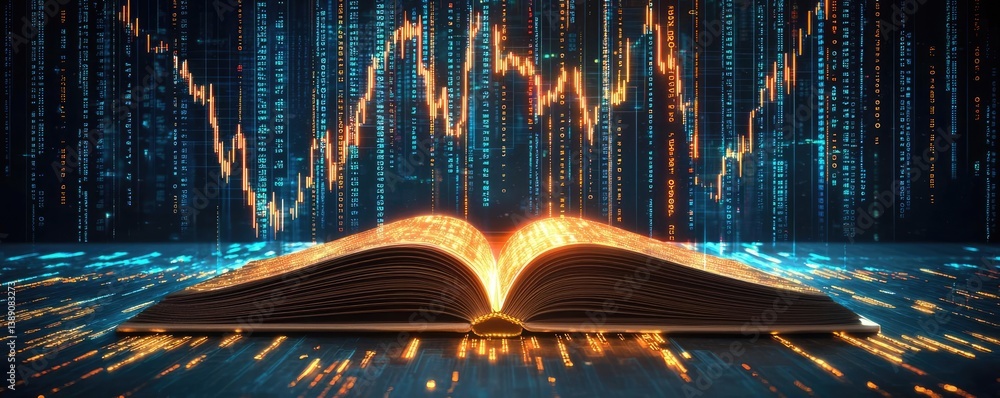 Poster Open book showing historical stock market with digital lights concept. An open book illuminated with digital data and trends.