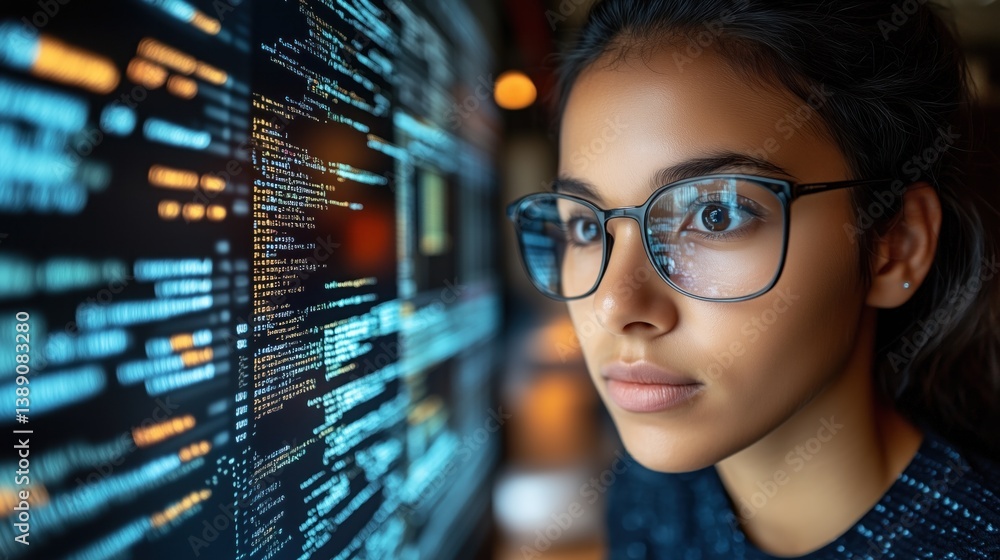 Poster a young woman concentrates deeply as she works on a coding project, examining lines of programming c