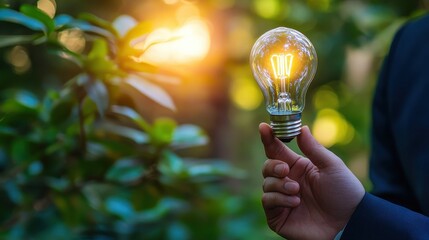 Businessman holding illuminated light bulb in sunlit garden