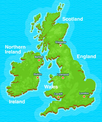 Editable vector map of Britain, including the United Kingdom: England, Wales, Scotland, Northern Ireland, and Ireland. Fully layered and customizable for design, educational, and presentation use.