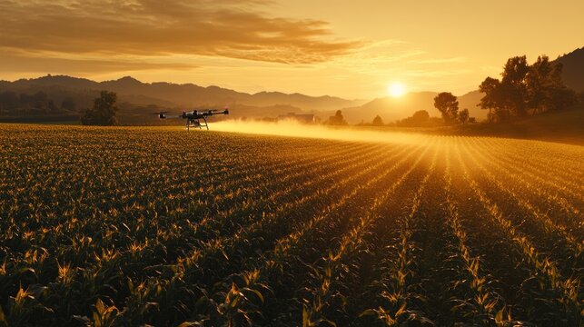 46.A vibrant image of a smart farming drone releasing fertilizer mist as it navigates through a cornfield, with the golden twilight glow creating a serene yet industrious scene.