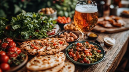 colorful spread of fresh produce, artisan bread, and craft beer on a rustic table creates a warm, inviting atmosphere for outdoor dining in the evening light
