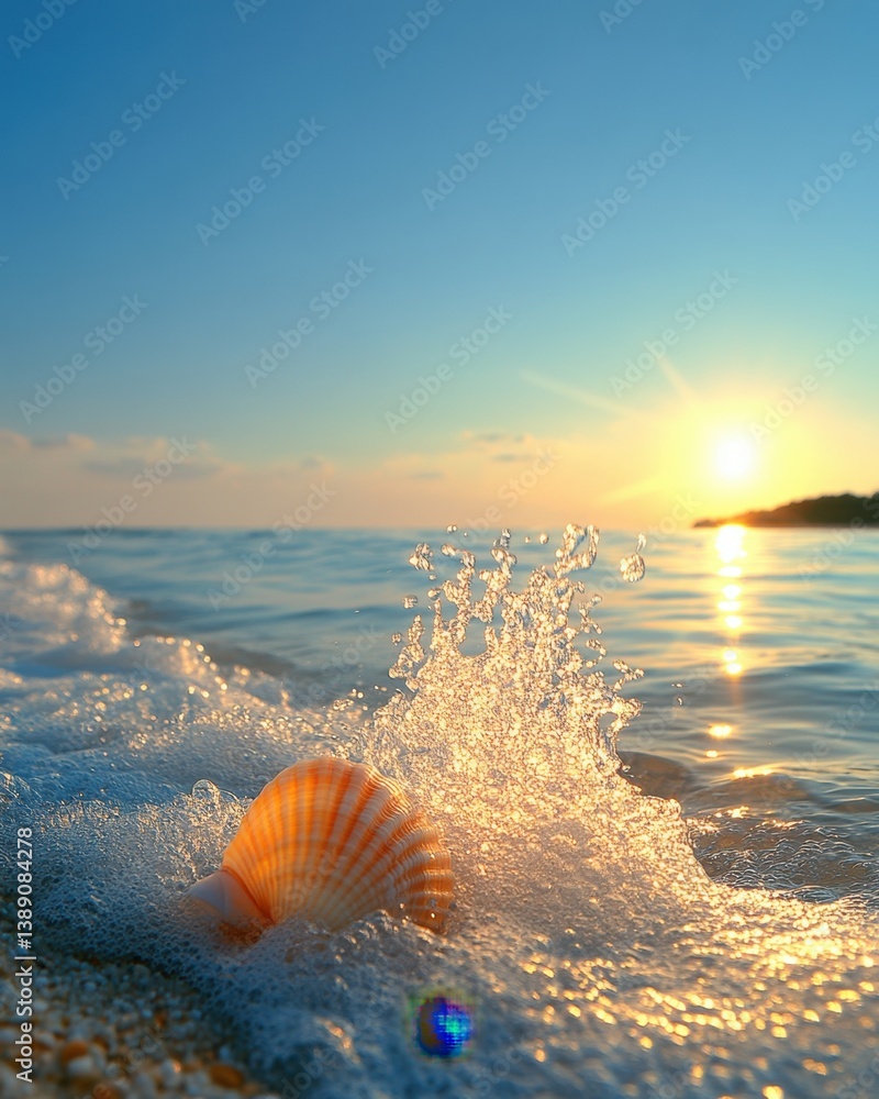 Poster seashell on beach with ocean wave splash at sunset creating a serene and tranquil scene