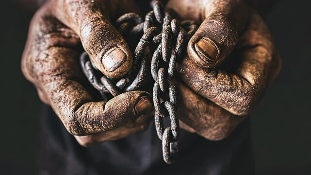 Hands gripping rusted chains illustrating strength and struggle in a somber moment of reflection