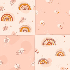 A set of four minimalistic children's patterns.. The repeated images contains colored spots, rainbows, twigs, cute clouds with colored raindrops. Also stars, dots and lines of different shapes.